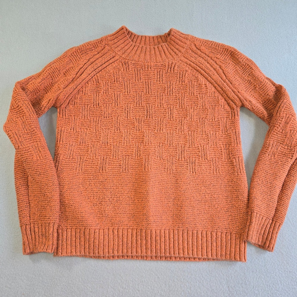 prAna Sweater Womens Small Orange Basketweave Knit Mock Neck Raglan Pullover